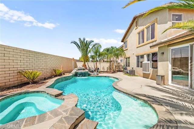 29889 Warm Sands Dr, Menifee, CA 92584 - view of pool featuring a fenced backyard, a patio, and a pool with connected hot tub