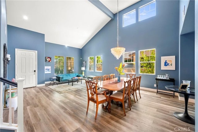 29889 Warm Sands Dr, Menifee, CA 92584 - dining area featuring high vaulted ceiling, baseboards, and wood finished floors