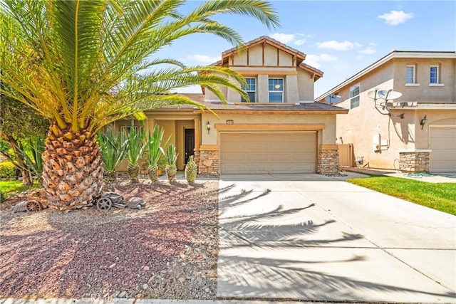 29889 Warm Sands Dr, Menifee, CA 92584 - view of front of property featuring stone siding, driveway, stucco siding, and an attached garage