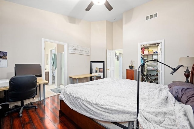 959 Corwin Pl, Hemet, CA 92544 - bedroom with hardwood / wood-style floors, an office area, a high ceiling, a spacious closet, and a closet