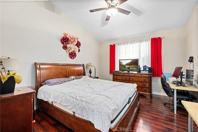 959 Corwin Pl, Hemet, CA 92544 - bedroom featuring vaulted ceiling, dark wood-style floors, an office area, baseboards, and a ceiling fan