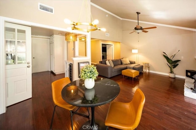 29911 Cactus Pl, Temecula, CA 92592 - living area featuring ceiling fan, wood finished floors, baseboards, high vaulted ceiling, and a chandelier