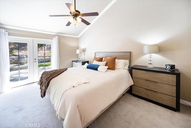 29911 Cactus Pl, Temecula, CA 92592 - bedroom featuring vaulted ceiling, light carpet, access to outside, french doors, and ornamental molding