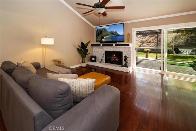 29911 Cactus Pl, Temecula, CA 92592 - living room with lofted ceiling, crown molding, a ceiling fan, a fireplace, and wood-type flooring