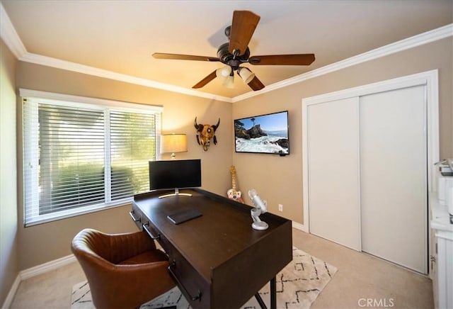 29911 Cactus Pl, Temecula, CA 92592 - office space featuring light colored carpet, a ceiling fan, crown molding, and baseboards