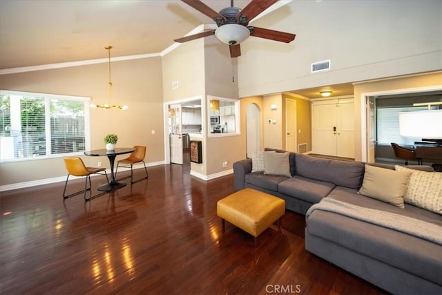 29911 Cactus Pl, Temecula, CA 92592 - living room with baseboards, wood-type flooring, high vaulted ceiling, a chandelier, and ceiling fan
