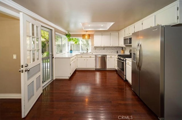 29911 Cactus Pl, Temecula, CA 92592 - kitchen with appliances with stainless steel finishes, light countertops, dark wood finished floors, crown molding, and backsplash