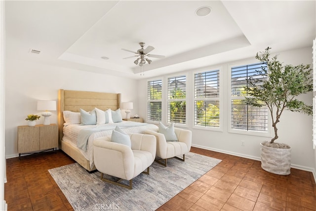 19139 Chandon Ln, Huntington Beach, CA 92648 - bedroom featuring a raised ceiling, baseboards, and ceiling fan