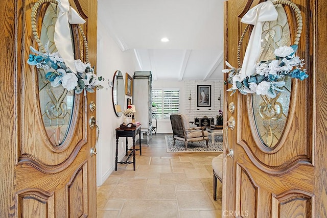 6505 Smoke Tree Ave, Oak Park, CA 91377 - foyer featuring stone tile flooring, baseboards, beamed ceiling, and recessed lighting