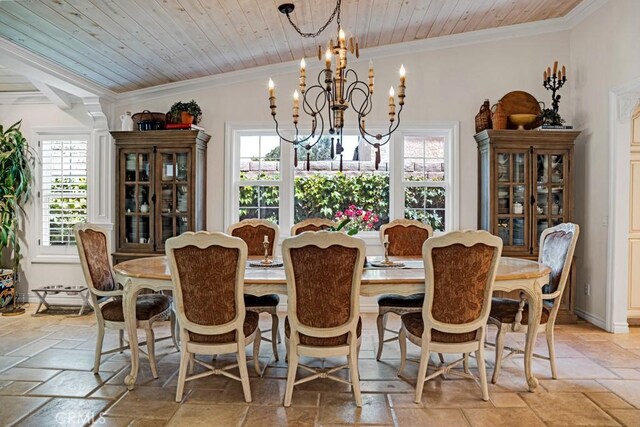6505 Smoke Tree Ave, Oak Park, CA 91377 - dining space with stone tile floors, crown molding, a chandelier, and wooden ceiling