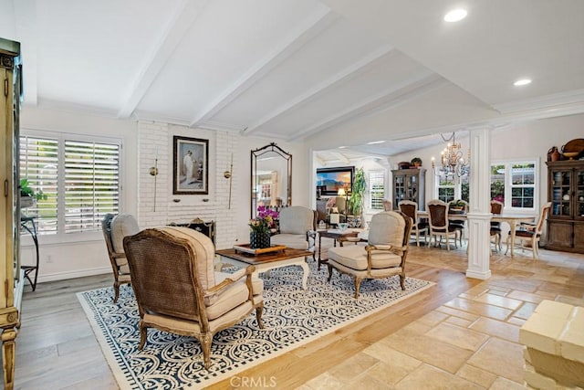 6505 Smoke Tree Ave, Oak Park, CA 91377 - living room with a chandelier, a brick fireplace, recessed lighting, baseboards, and light wood-type flooring