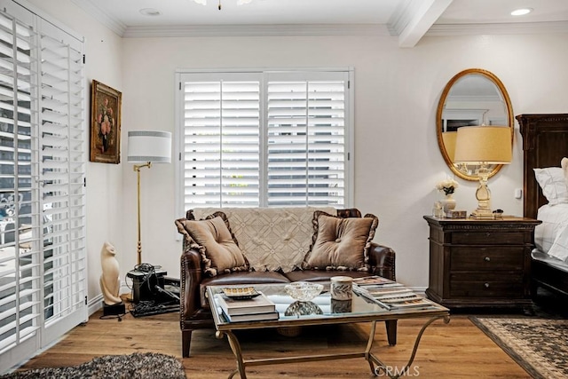 6505 Smoke Tree Ave, Oak Park, CA 91377 - living room with wood finished floors, ornamental molding, and recessed lighting