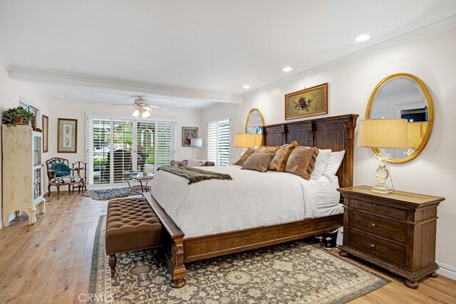 6505 Smoke Tree Ave, Oak Park, CA 91377 - bedroom with light wood finished floors, access to outside, ornamental molding, recessed lighting, and ceiling fan