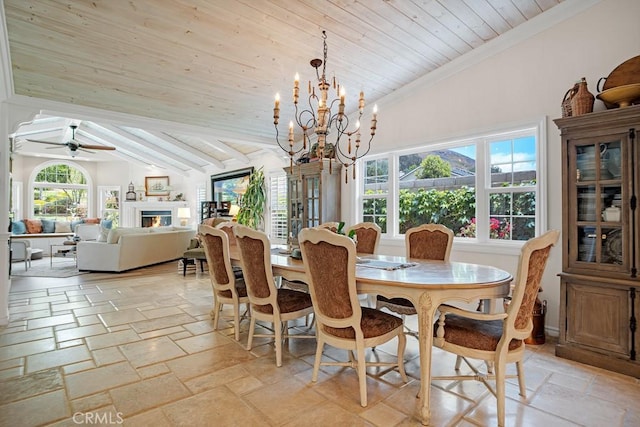 6505 Smoke Tree Ave, Oak Park, CA 91377 - dining room with stone tile flooring, wood ceiling, lofted ceiling, a chandelier, and a glass covered fireplace