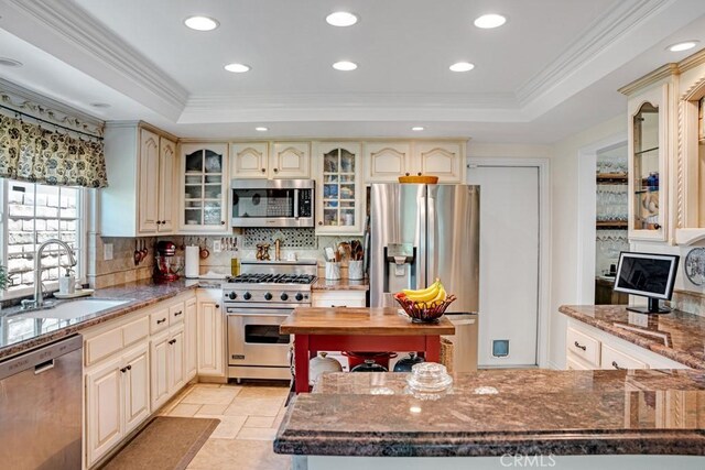6505 Smoke Tree Ave, Oak Park, CA 91377 - kitchen featuring stainless steel appliances, a sink, a tray ceiling, cream cabinets, and recessed lighting