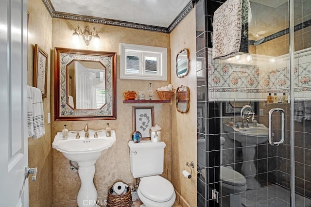 6505 Smoke Tree Ave, Oak Park, CA 91377 - full bathroom featuring a shower stall, toilet, and ornamental molding