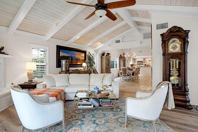 6505 Smoke Tree Ave, Oak Park, CA 91377 - living room with ceiling fan, wood finished floors, a chandelier, and wood ceiling