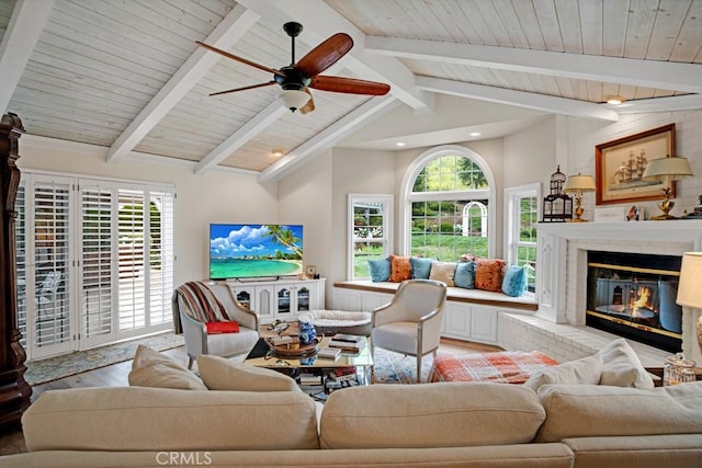 6505 Smoke Tree Ave, Oak Park, CA 91377 - living room featuring wood ceiling, a fireplace, light wood-style floors, ceiling fan, and recessed lighting
