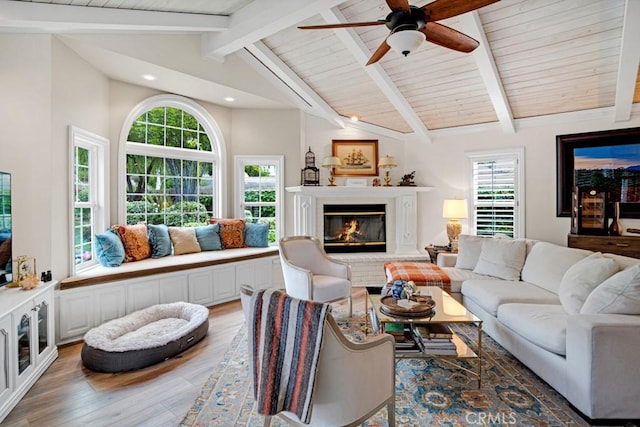 6505 Smoke Tree Ave, Oak Park, CA 91377 - living room with light wood finished floors, recessed lighting, ceiling fan, a fireplace, and wooden ceiling