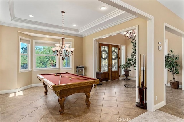41275 Hacienda Dr, Murrieta, CA 92562 - game room featuring a chandelier, crown molding, light tile patterned flooring, french doors, and a tray ceiling