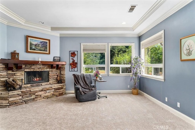 41275 Hacienda Dr, Murrieta, CA 92562 - sitting room featuring carpet, plenty of natural light, crown molding, a stone fireplace, and baseboards
