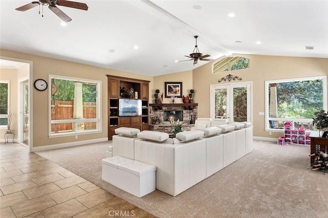 41275 Hacienda Dr, Murrieta, CA 92562 - living area featuring ceiling fan, a stone fireplace, baseboards, light carpet, and recessed lighting