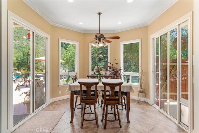 41275 Hacienda Dr, Murrieta, CA 92562 - dining area featuring light tile patterned flooring, baseboards, crown molding, recessed lighting, and a ceiling fan