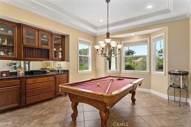 41275 Hacienda Dr, Murrieta, CA 92562 - recreation room featuring baseboards, billiards table, light tile patterned floors, ornamental molding, and a raised ceiling