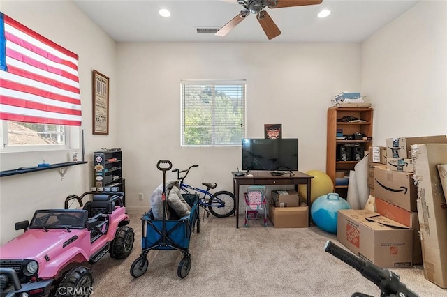 41275 Hacienda Dr, Murrieta, CA 92562 - game room featuring carpet, a ceiling fan, and recessed lighting
