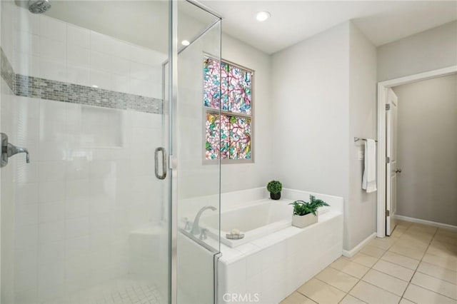 114 Desert Lotus, Irvine, CA 92618 - bathroom with a shower stall, a bath, tile patterned flooring, baseboards, and recessed lighting