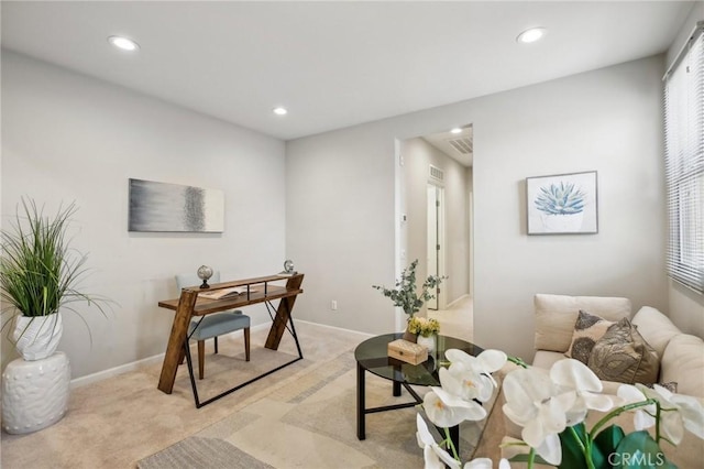 114 Desert Lotus, Irvine, CA 92618 - home office with light colored carpet, healthy amount of natural light, recessed lighting, and baseboards