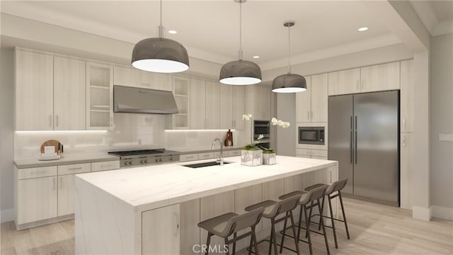 6525 Etiwanda Ave, Rancho Cucamonga, CA 91739 - kitchen with built in appliances, a sink, exhaust hood, recessed lighting, and backsplash