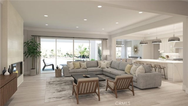 6525 Etiwanda Ave, Rancho Cucamonga, CA 91739 - living room featuring recessed lighting, light wood-type flooring, and crown molding
