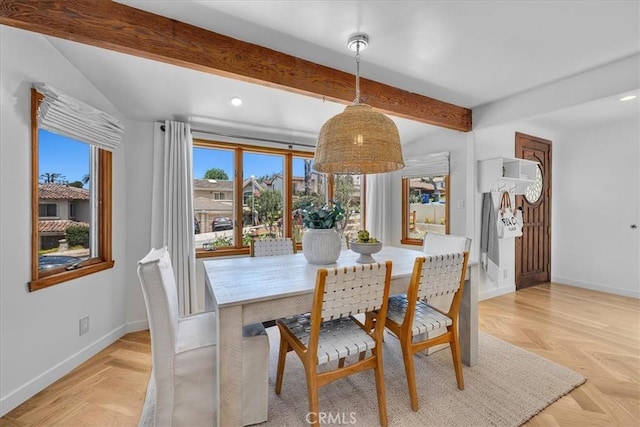 1330 8th St, Manhattan Beach, CA 90266 - dining space featuring baseboards, recessed lighting, and beamed ceiling