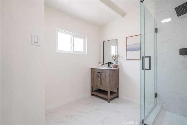 14609 Clark St, Baldwin Park, CA 91706 - full bathroom with marble finish floors, a marble finish shower, vanity, and baseboards