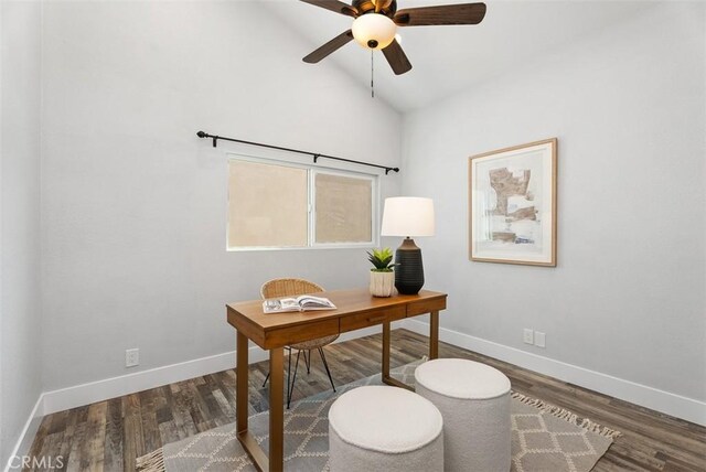 21321 Spruce, Mission Viejo, CA 92692 - office with vaulted ceiling, wood finished floors, and a ceiling fan