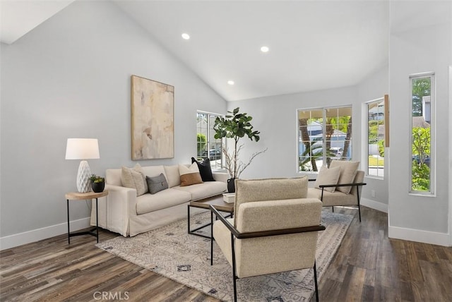 21321 Spruce, Mission Viejo, CA 92692 - living room featuring recessed lighting, dark wood-type flooring, and high vaulted ceiling
