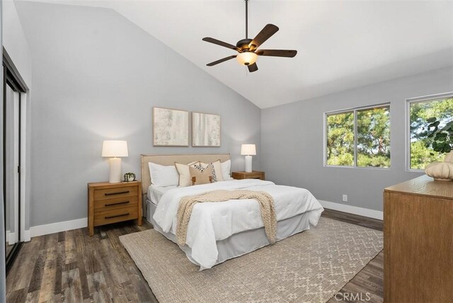 21321 Spruce, Mission Viejo, CA 92692 - bedroom featuring dark wood-style floors, high vaulted ceiling, a ceiling fan, and a closet