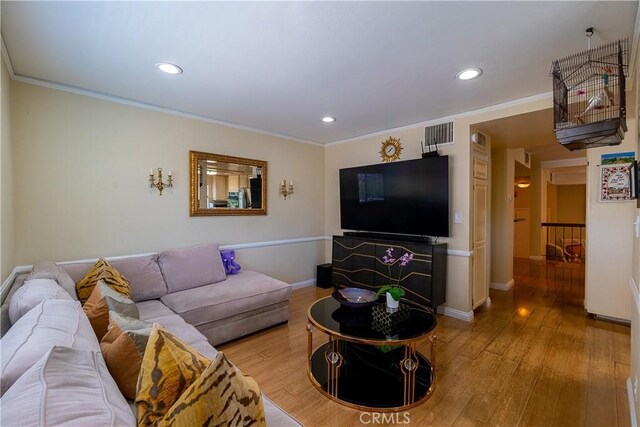 18759 Hatteras St Unit 25, Tarzana, CA 91356 - living room featuring hardwood / wood-style flooring, crown molding, recessed lighting, and baseboards