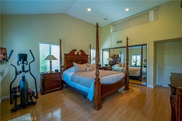 18759 Hatteras St Unit 25, Tarzana, CA 91356 - bedroom featuring light wood finished floors, baseboards, recessed lighting, and high vaulted ceiling
