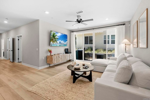 7902 Belluno Way, San Diego, CA 92126 - living room featuring light wood-type flooring, recessed lighting, baseboards, and a ceiling fan