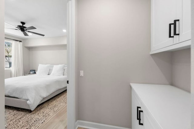 7902 Belluno Way, San Diego, CA 92126 - bedroom with baseboards, light wood-style flooring, recessed lighting, and a ceiling fan