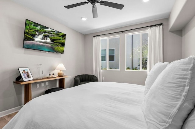 7902 Belluno Way, San Diego, CA 92126 - bedroom with wood finished floors, baseboards, recessed lighting, and ceiling fan
