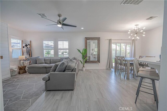 28217 Alton Way, Castaic, CA 91384 - living room featuring ceiling fan, a chandelier, light wood finished floors, and recessed lighting