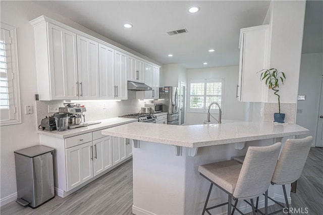 28217 Alton Way, Castaic, CA 91384 - kitchen featuring under cabinet range hood, appliances with stainless steel finishes, white cabinets, tasteful backsplash, and recessed lighting