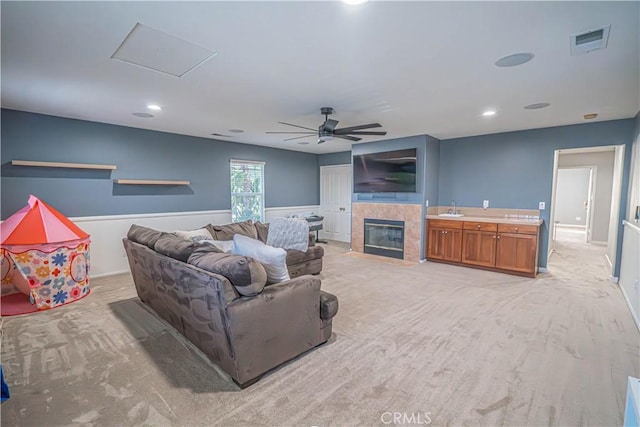 28217 Alton Way, Castaic, CA 91384 - living area with a ceiling fan, a tile fireplace, and recessed lighting