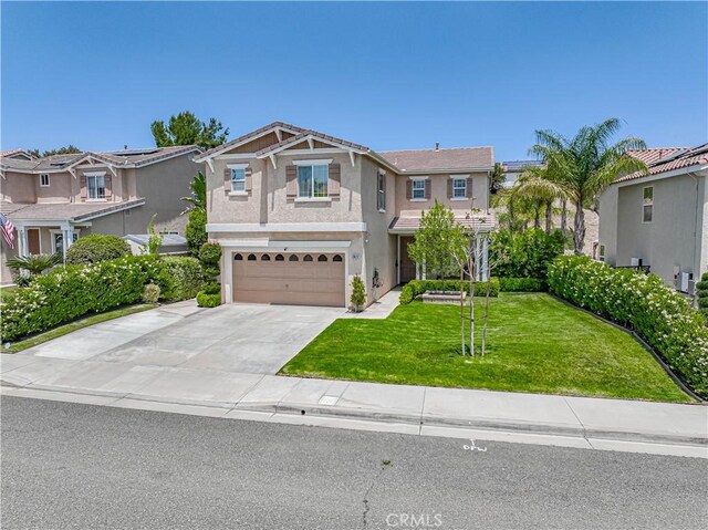 28217 Alton Way, Castaic, CA 91384 - view of front of home featuring stucco siding, an attached garage, concrete driveway, a front lawn, and a residential view