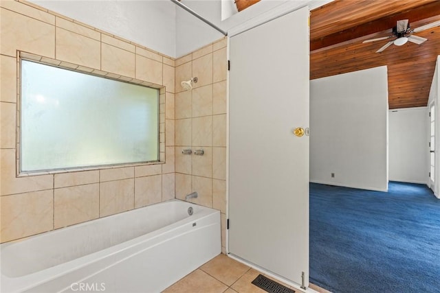 2631 San Jose St, Chico, CA 95973 - bathroom with bathing tub / shower combination, a ceiling fan, tile patterned floors, and wooden ceiling