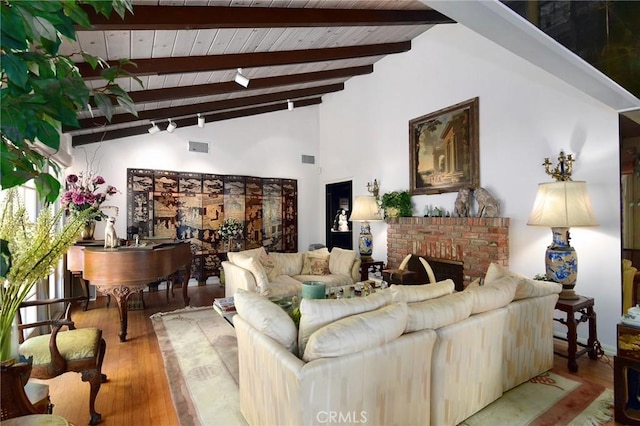2363 Coldwater Canyon Dr, Beverly Hills, CA 90210 - living room featuring hardwood / wood-style floors, wooden ceiling, and a brick fireplace