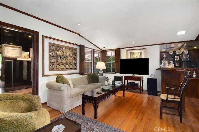 2363 Coldwater Canyon Dr, Beverly Hills, CA 90210 - living area with crown molding, wood-type flooring, baseboards, vaulted ceiling, and recessed lighting